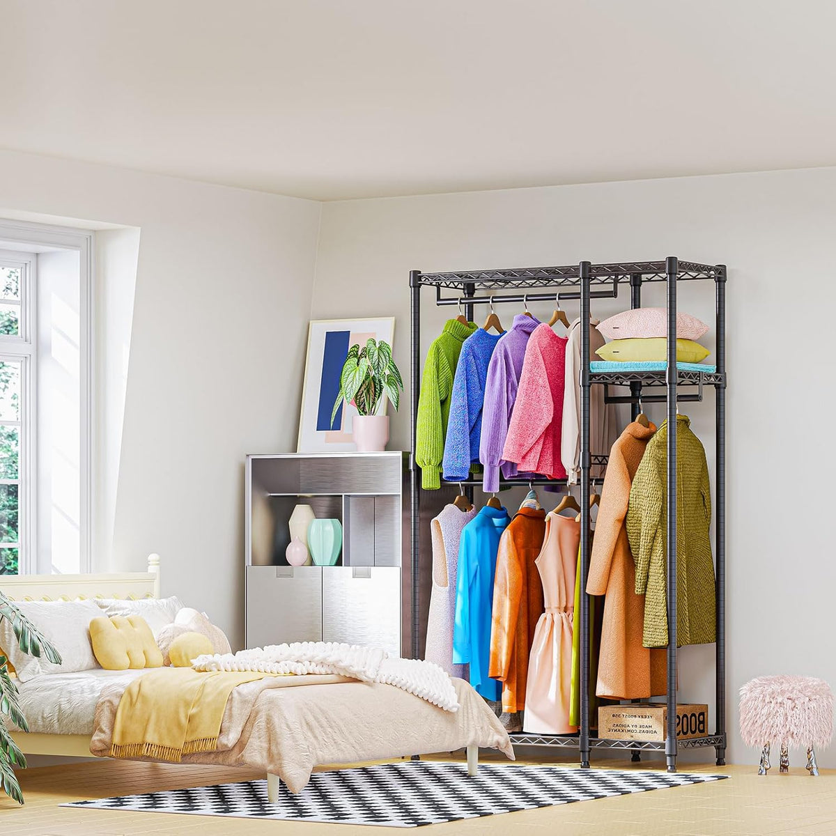 Heavy Duty Rolling Garment Rack 3 Tiers Adjustable Wire Shelving Clothes Rack with 1 Rods and Side