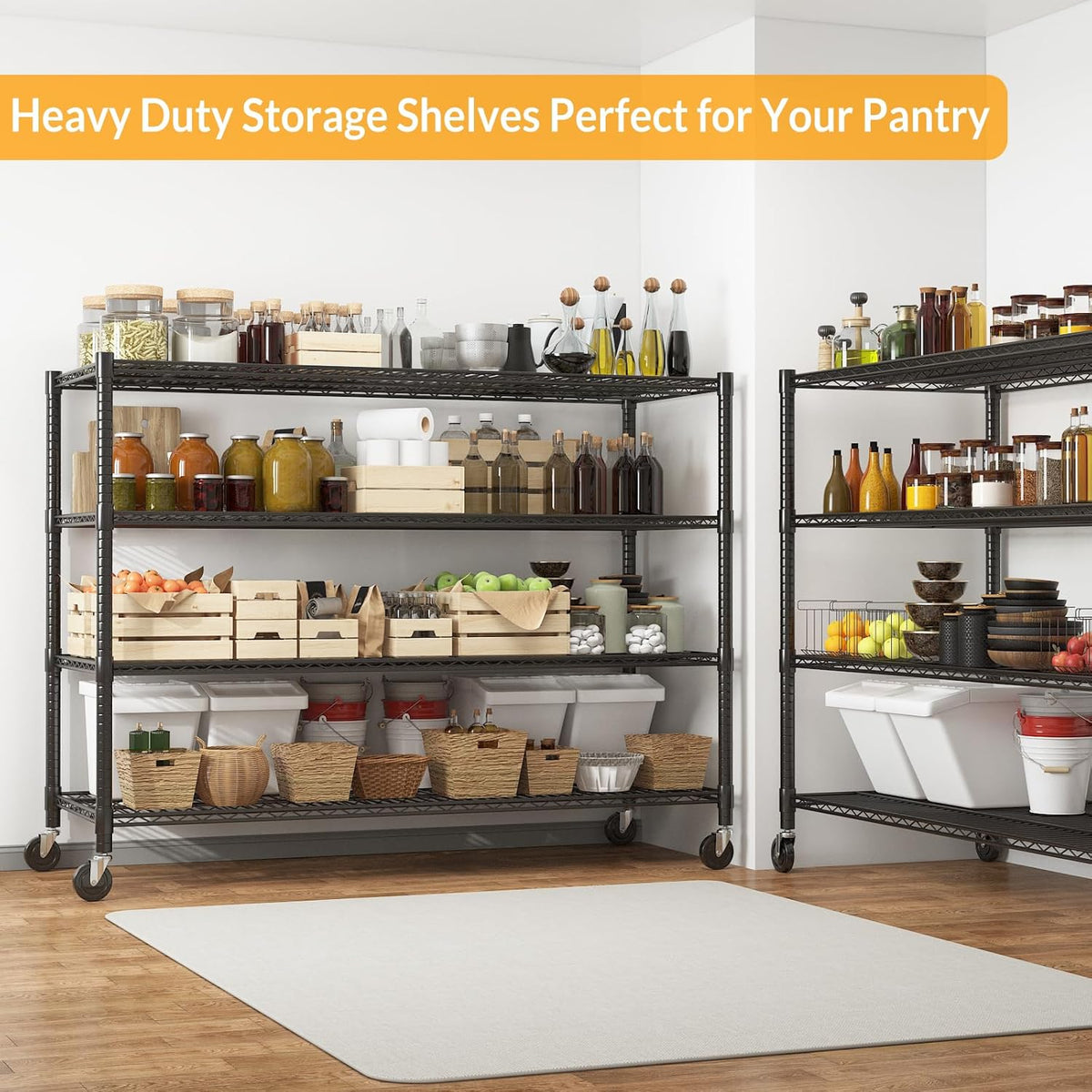 Himimi Storage Shelves with Wheels, 4-Tier Heavy Duty Steel Wire Rack Storage Shelving, Adjustable