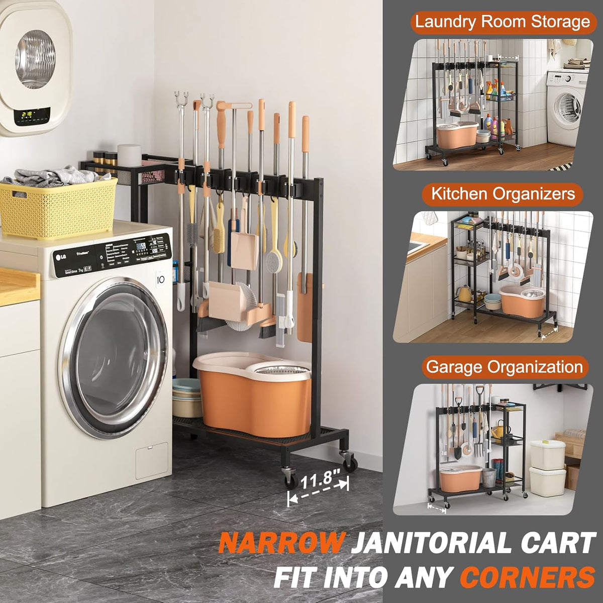 Broom Holder with Cleaning Supplies Organizer, Broom Closet Storage Cabinet with Cleaning Caddy