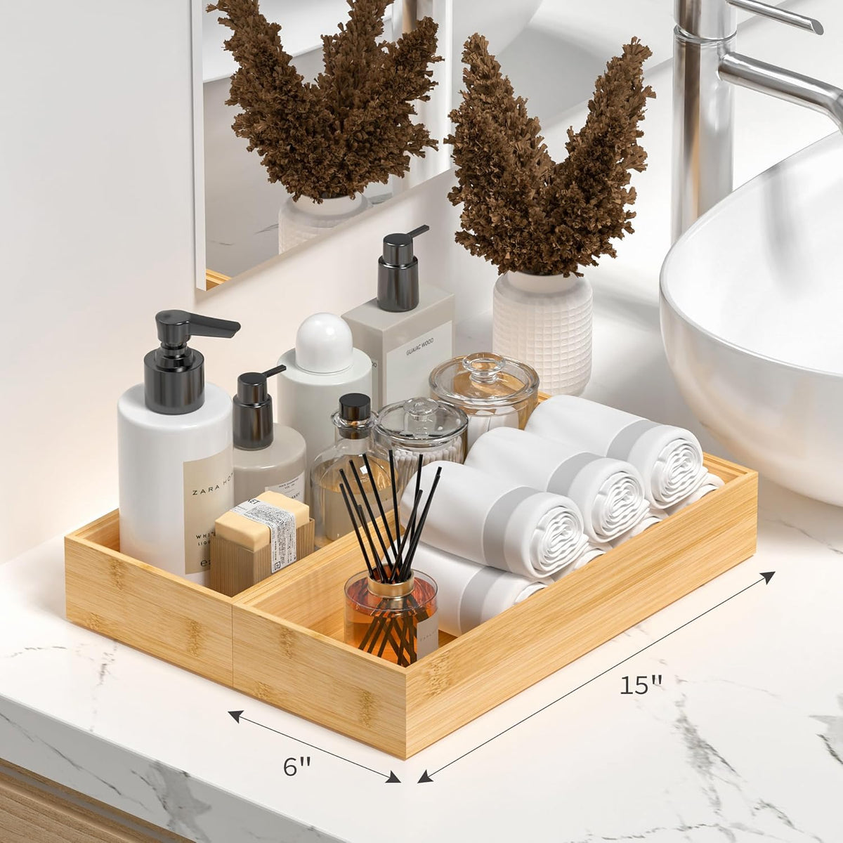 Kitchen Drawer Organizer Bins, Stackable Bamboo Deep Drawer Organizer for Silverware, Utensils