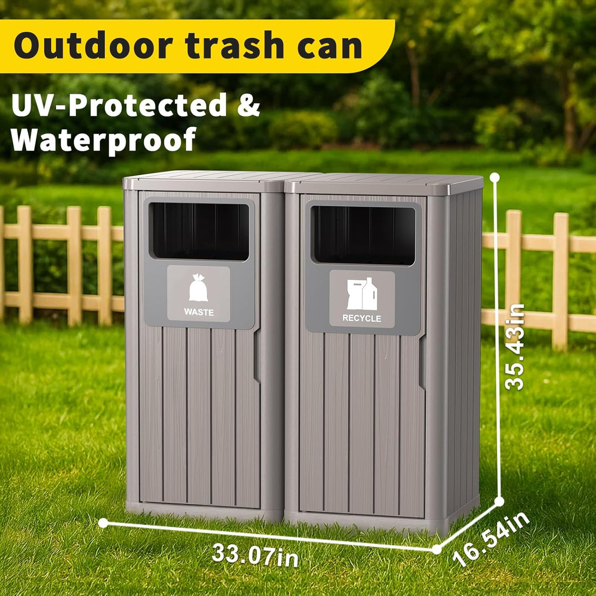 Outdoor Double Barrel Trash Can,Waterproof Resin Garbage Can with Garbage Labels,Durable Waste Bin
