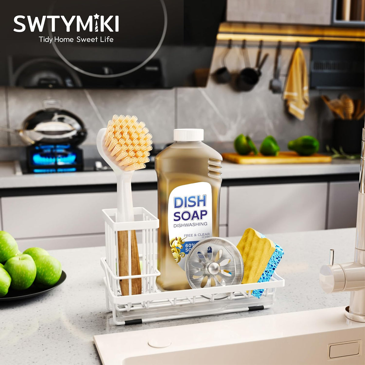 SWTYMIKI Sink Caddy Sponge Holder - Kitchen Sink Organizer with High Brush Holder for Countertop to