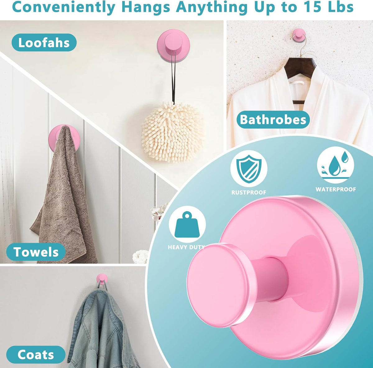 Suction Cup Hooks for Shower,Removable No Drill Towel Hooks,Upgraded 15 lbs Strong Suction hooks