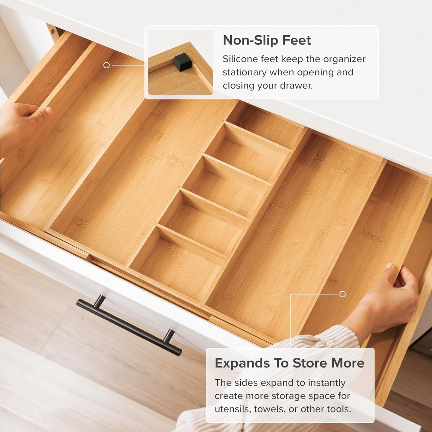 KitchenEdge Adjustable Kitchen Drawer Organizer for Utensils and Junk, Food-Safe Contract Grade