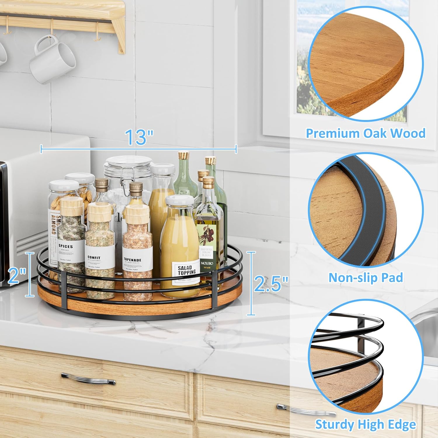 13" Lazy Susan Turntable Organizer - Wood Round Lazy Susan for Cabinet Kitchen Countertop Pantry