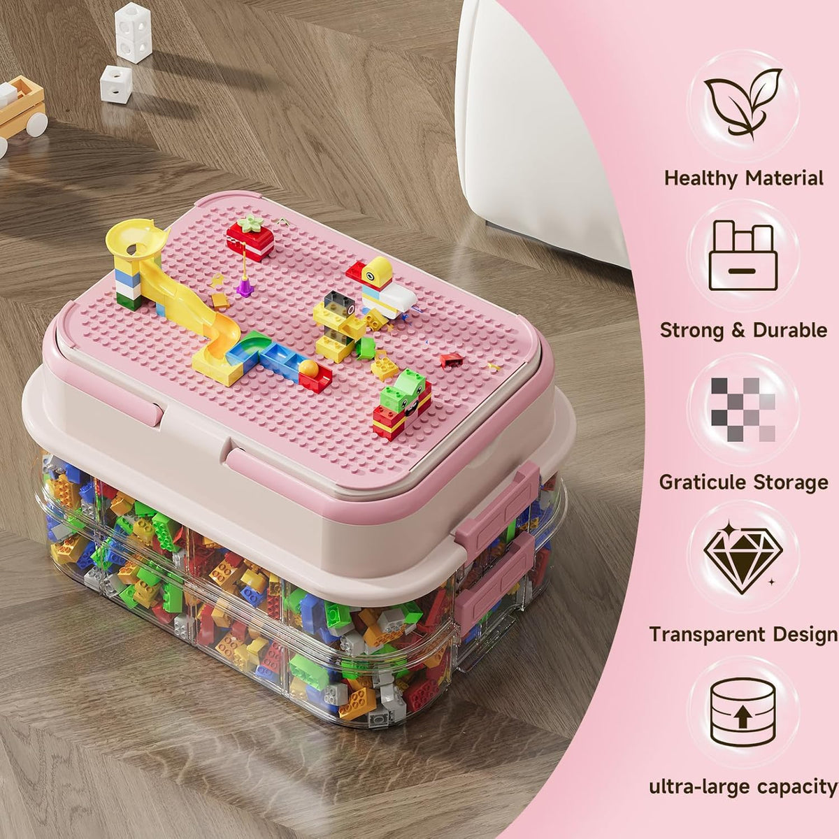 Toy Storage Organizer Box with Handle, Stackable Building Block Toy Box with Building Plate Lid &