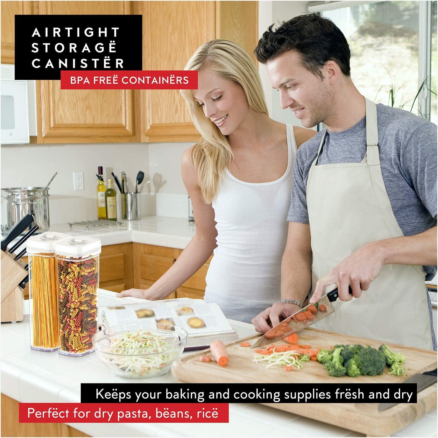 DWËLLZA KITCHEN Pasta Storage Containers for Pantry - Set of 2 White Airtight Spaghetti Container