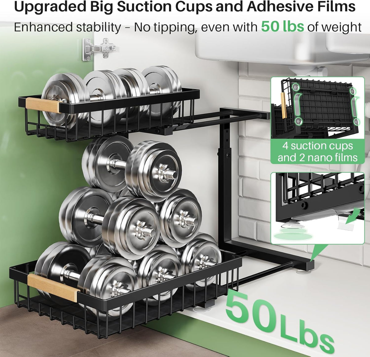 Pull out Cabinet Organizer, 2 Tier Under Sink Organizer, Slide out Metal Kitchen Cabinet Organizers