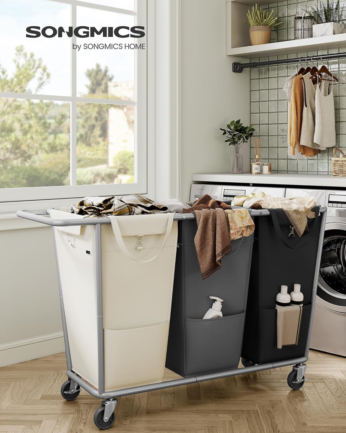 SONGMICS Laundry Basket with Wheels, 76.6 Gallons (290 L), 3-Section Rolling Laundry Hamper with