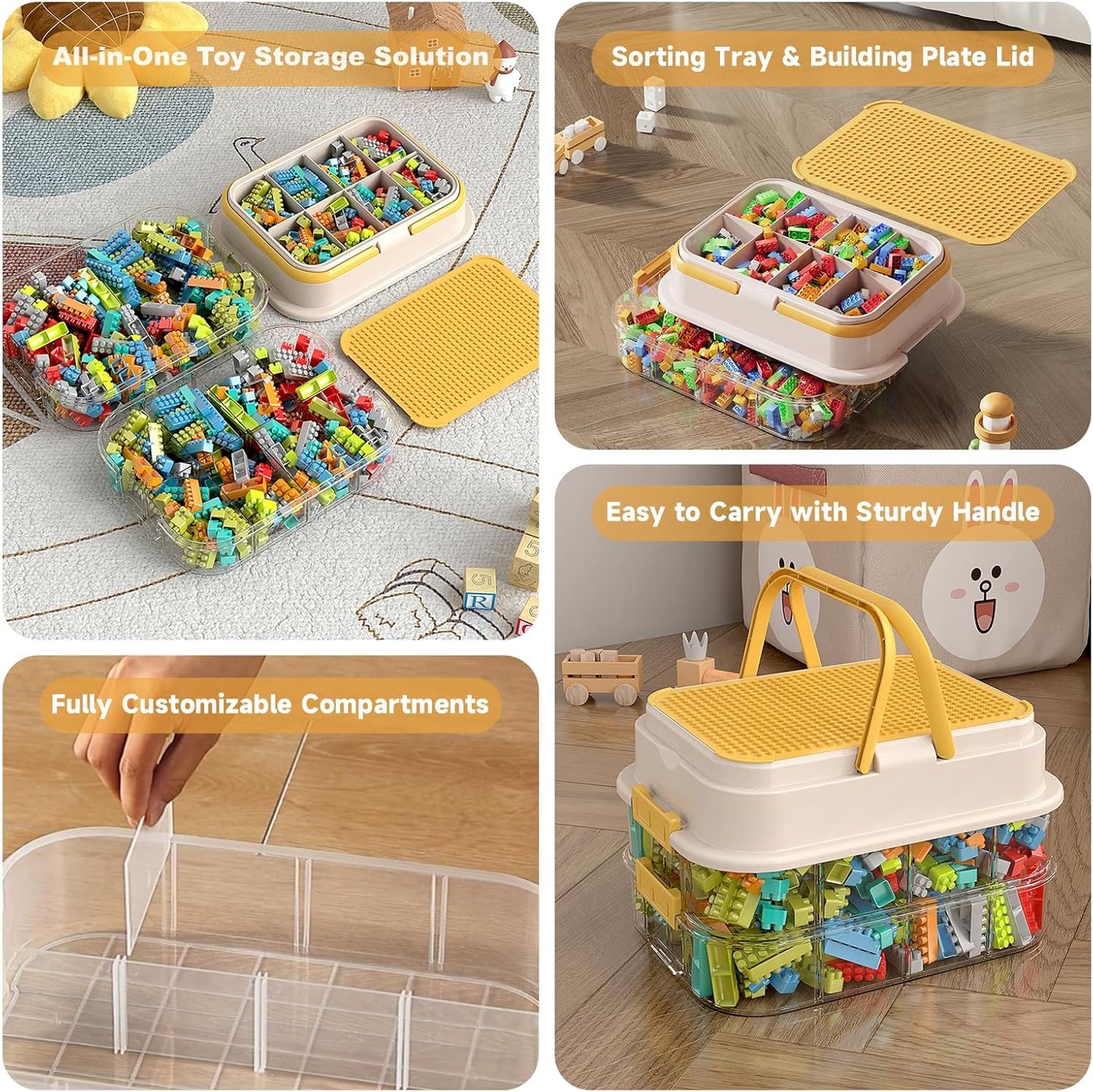 Toy Storage Organizer Box with Handle, Stackable Building Block Toy Box with Building Plate Lid &