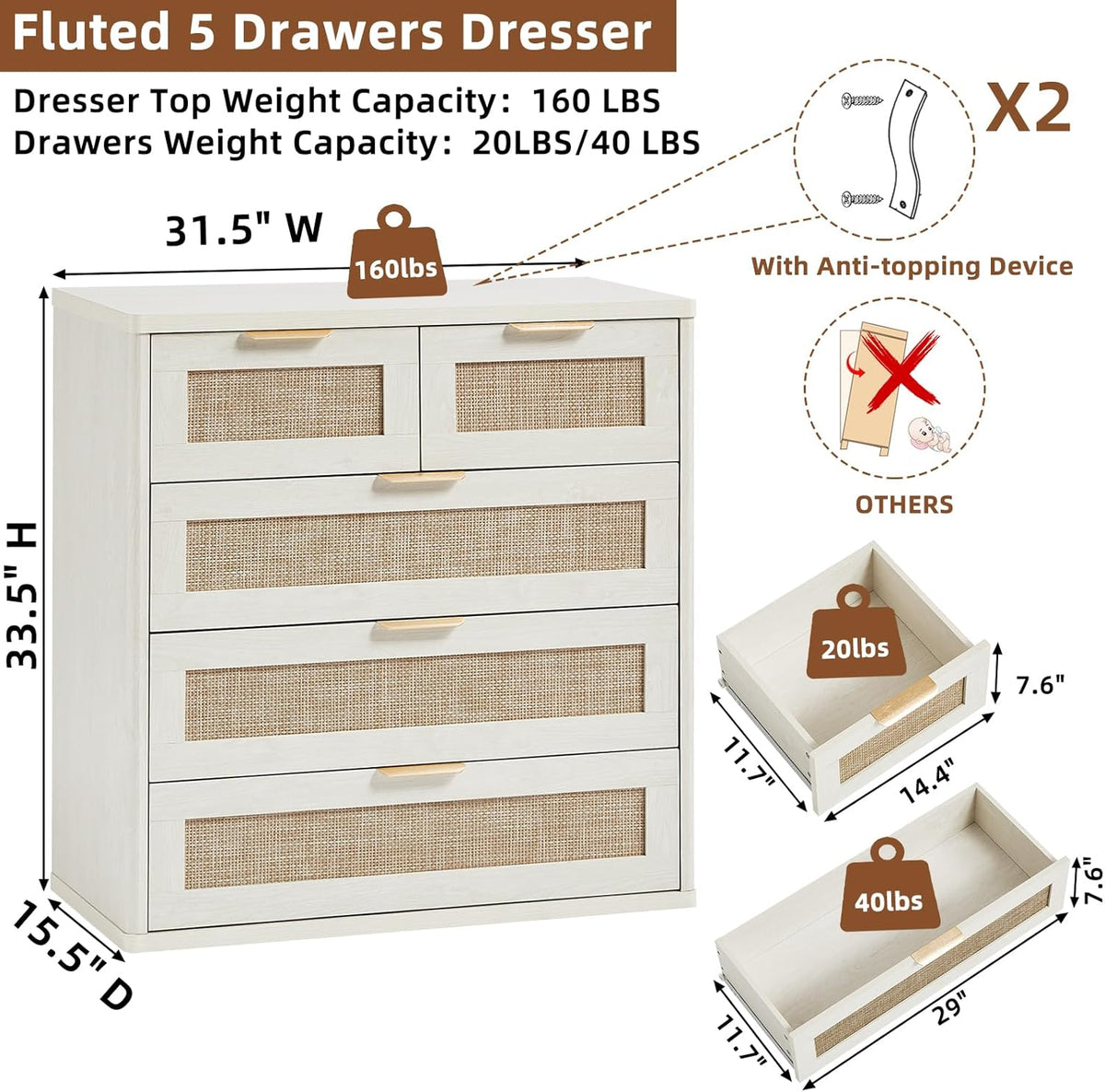 LEYAOYAO White Dresser for Bedroom, 33.5" Tall Chest of Drawers, Modern 5 Drawers Boho Rattan