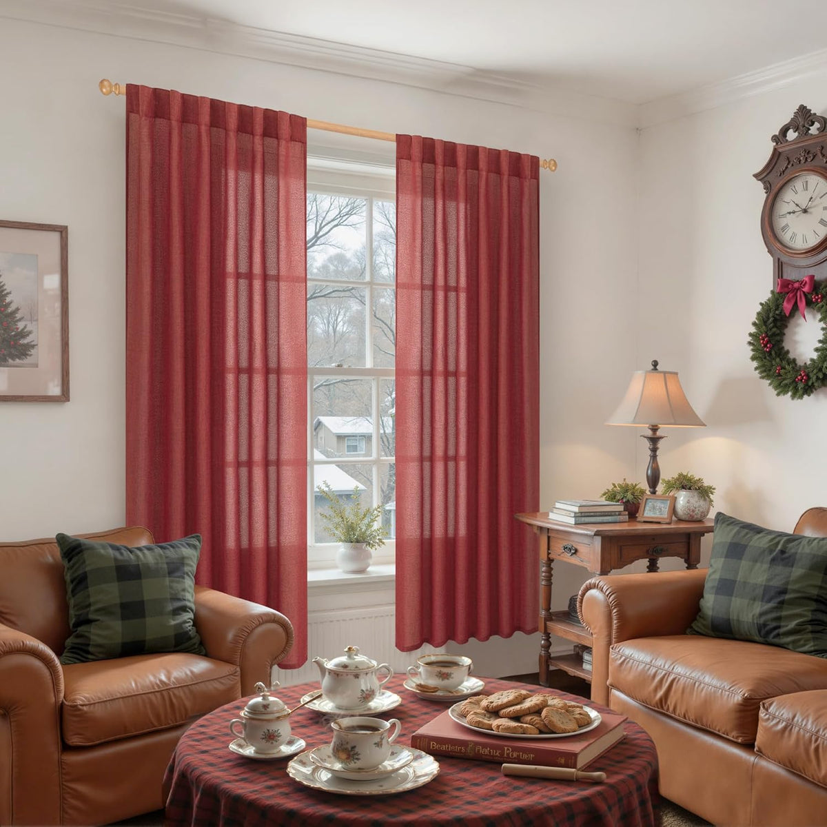 YoungsTex Red Linen Semi Sheer Curtains 72 Inch Length for Living Room - Light Filtering Drapes