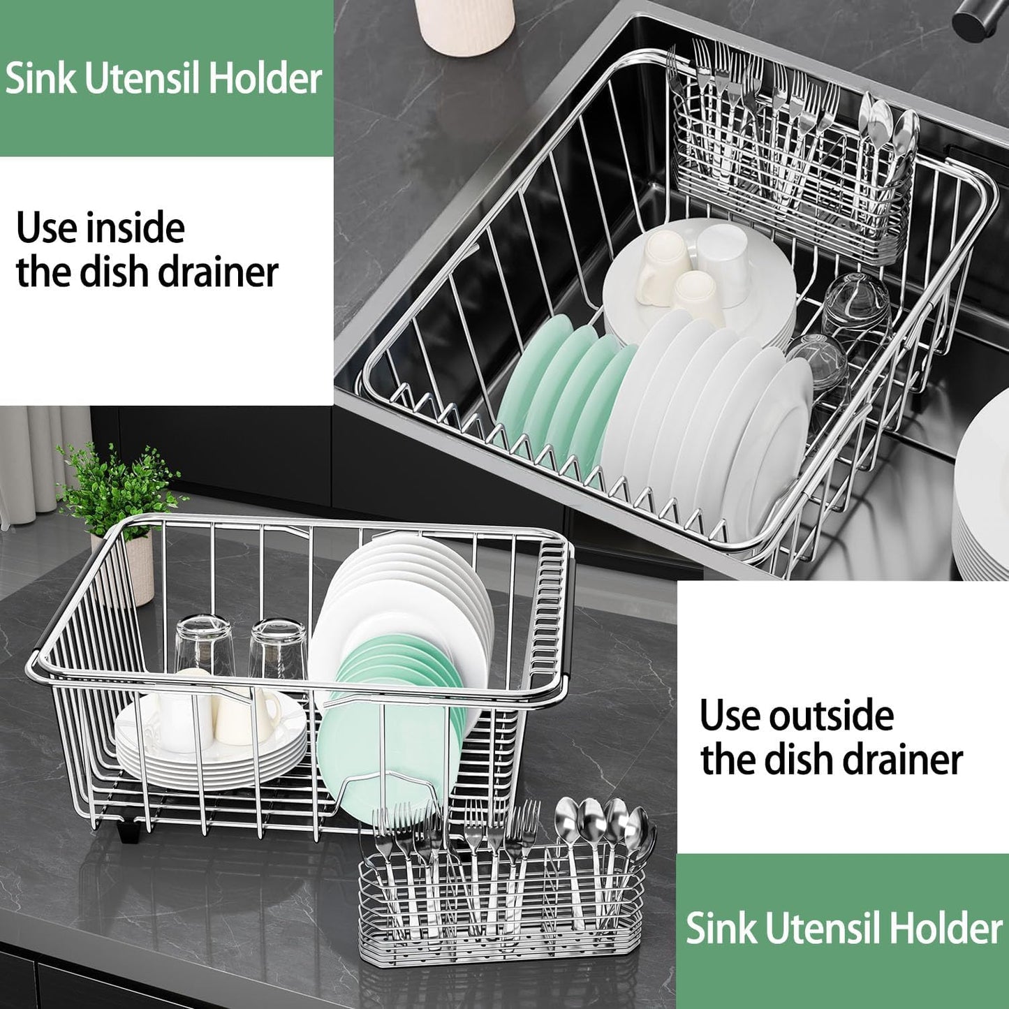 304 Stainless Steel Utensil Holder, Silverware Drying Rack with Hooks for Dish Drainer, Knife and