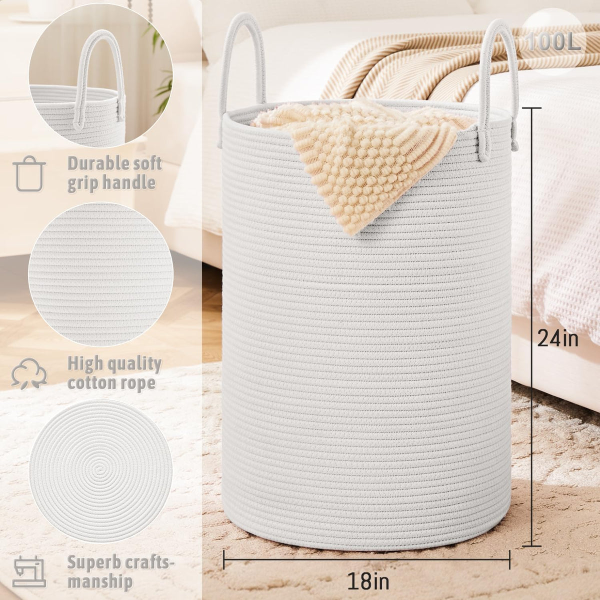 Laundry Basket,Woven Cotton Rope Laundry Hamper,100L for Decorative Storage of Dirty Clothes,Toys