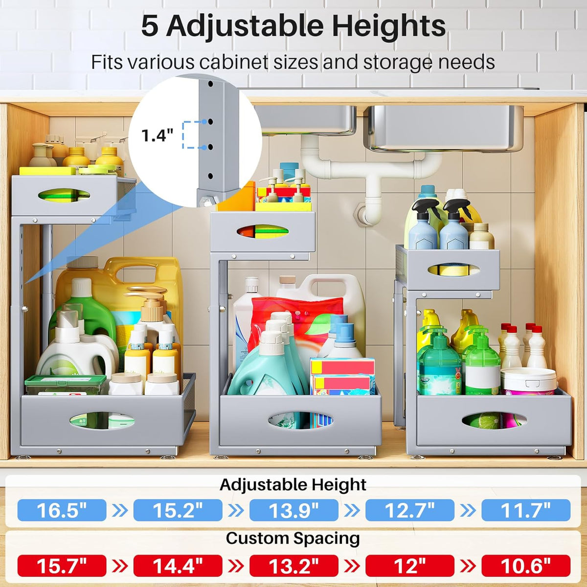 Under Sink Organizer, 2 Tier Pull Out Under Cabinet Organizer Shelf with Pad for Framed Cabinets