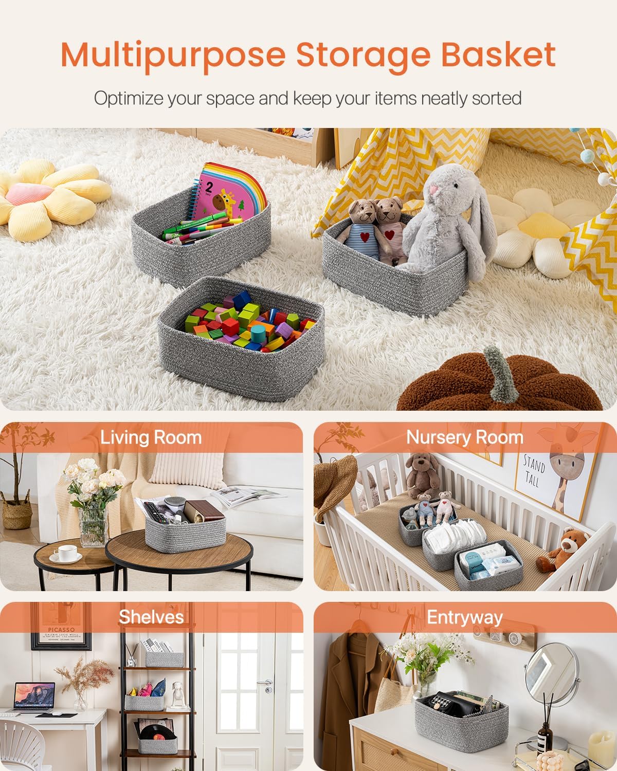 Small Woven Basket, 12 x 8 x 4.5 Inches, Storage Basket for Organizing, Cute Small Rope Shelf