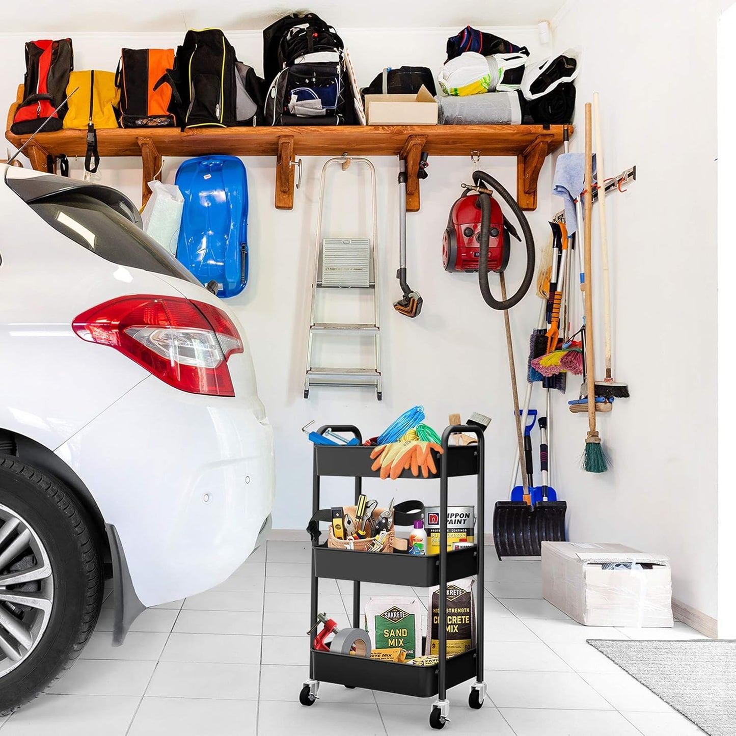 CAXXA 3-Tier Rolling Metal Storage Organizer - Mobile Utility Cart, Kitchen Cart with Caster Wheels