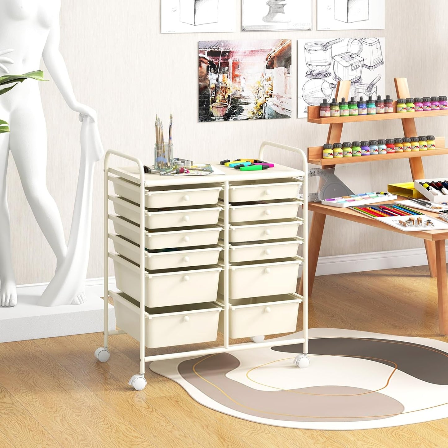 GOFLAME 12-Drawer Rolling Storage Cart, Multipurpose Organizer Cart with 2 Sizes Plastic Drawers