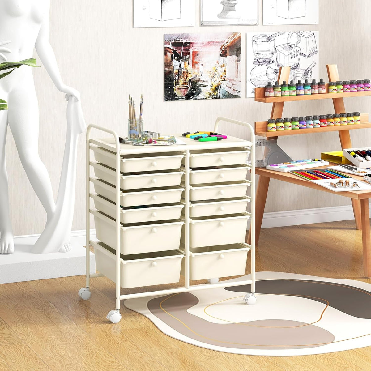 GOFLAME 12-Drawer Rolling Storage Cart, Multipurpose Organizer Cart with 2 Sizes Plastic Drawers