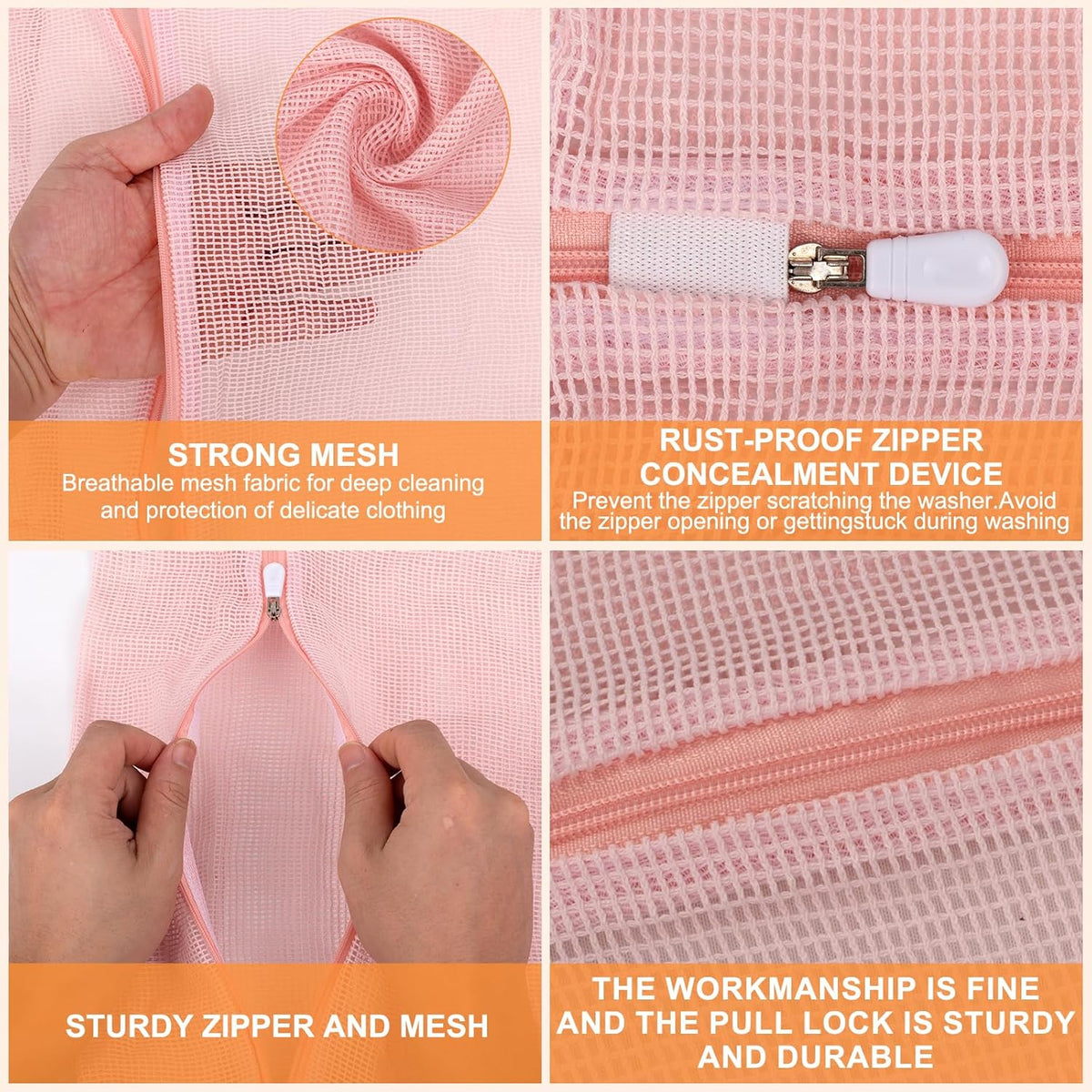 4-Piece Pink Large Durable Organic Cotton Mesh Laundry Bags with Sturdy Zippers and Breathable Mesh