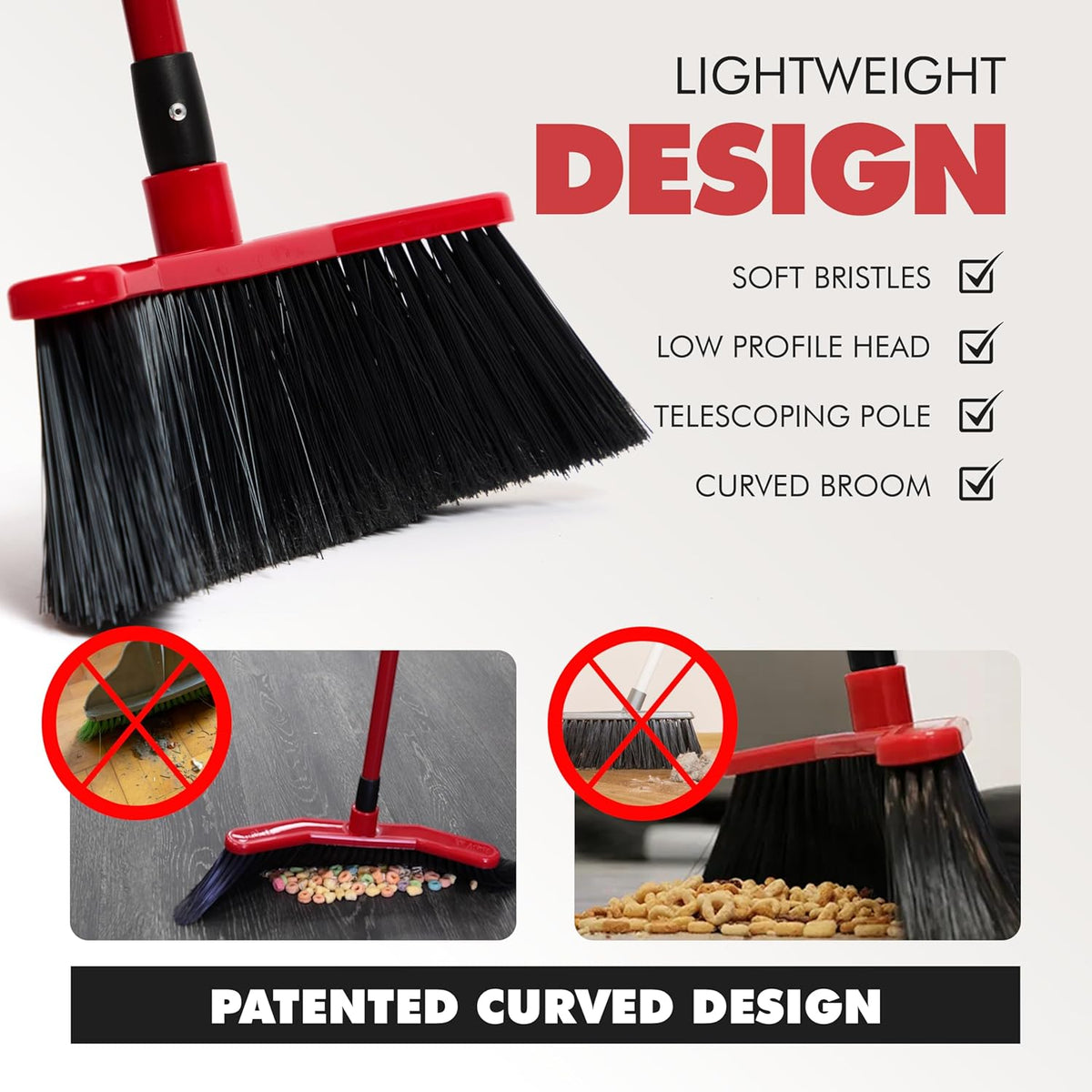 Da Vinci Curved Angle Broom 1pc - Sturdy Wide Broom for Indoor/Outdoor Sweeping, Heavy Duty Steel