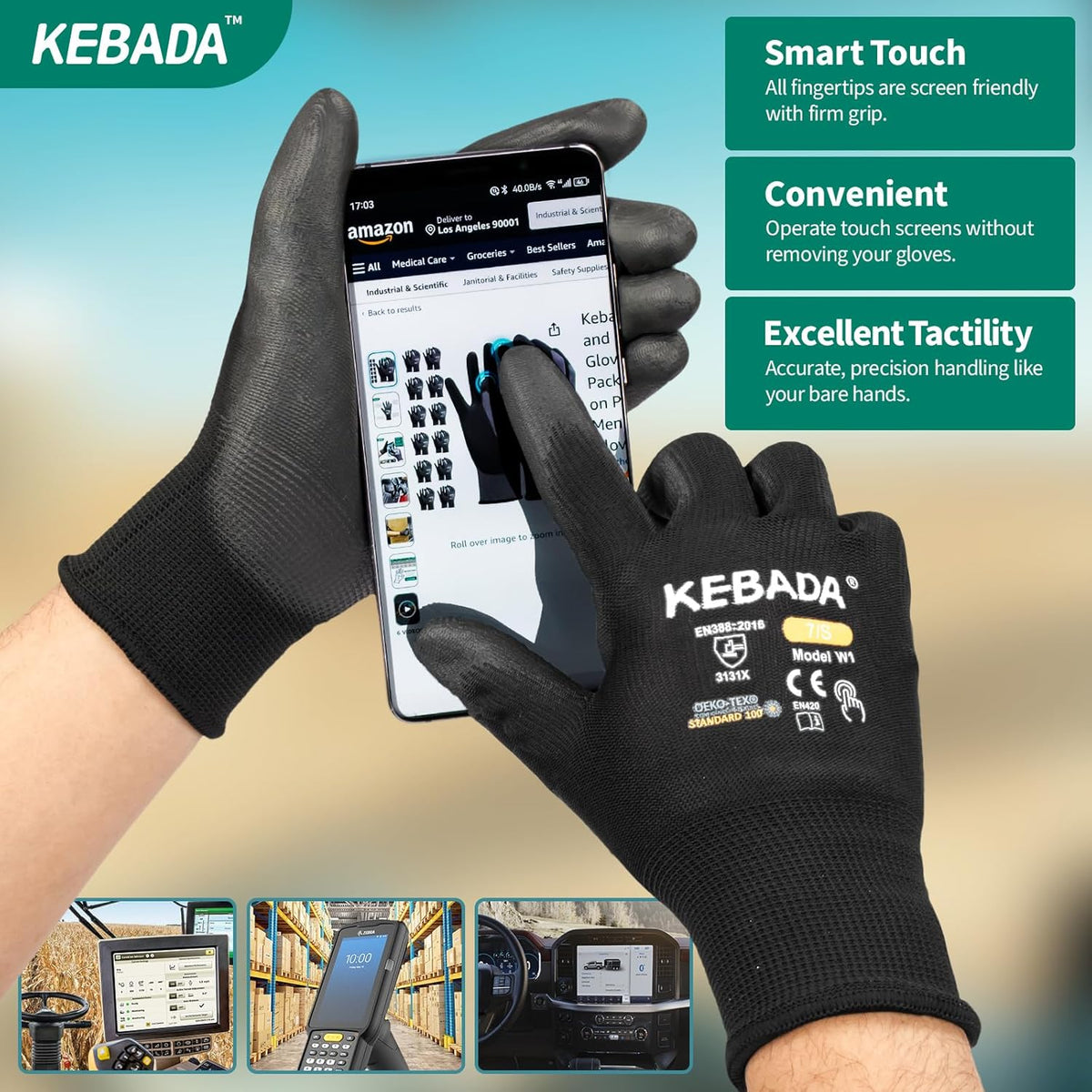 Kebada W1 Safety Work Gloves, PU Coated Touch Screen Work Gloves with Grip, Bulk Pack Working