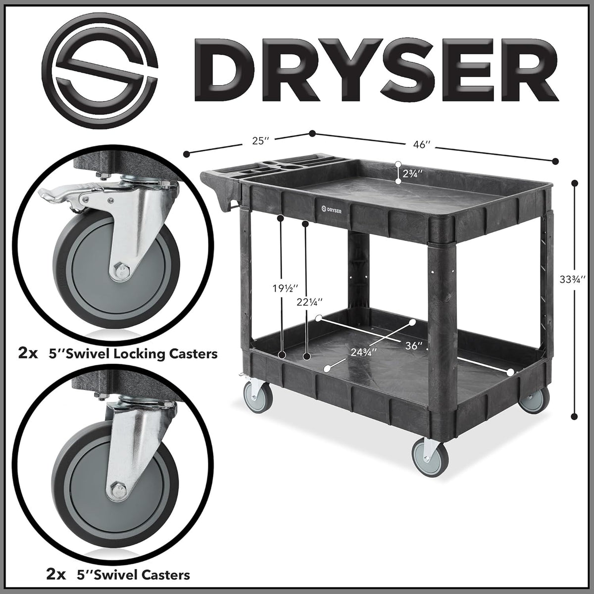 Dryser Utility Cart with Wheels, 46" x 25" Heavy Duty 550 lb. Capacity with Shelves - 2 Tier