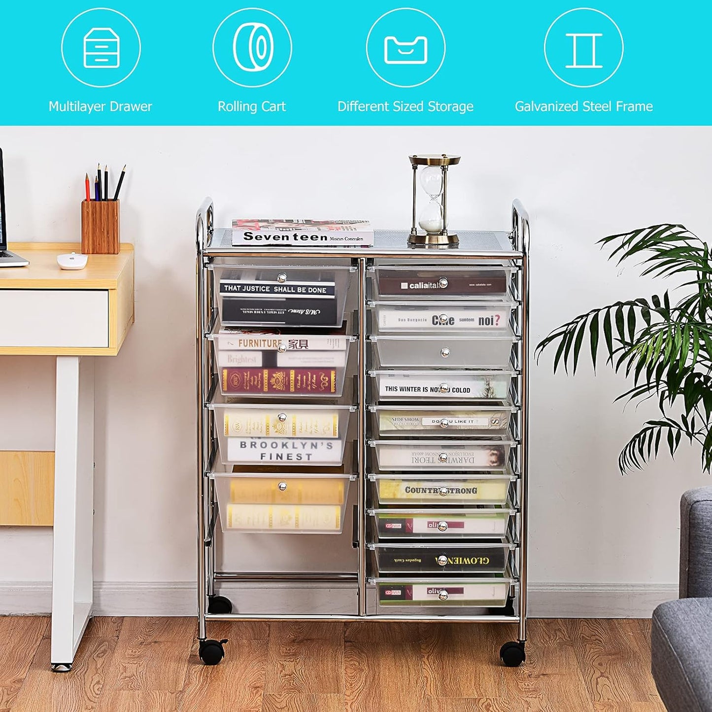 GOFLAME 15-Drawer Rolling Storage Cart, Multipurpose Movable Organizer, Utility Cart for Home