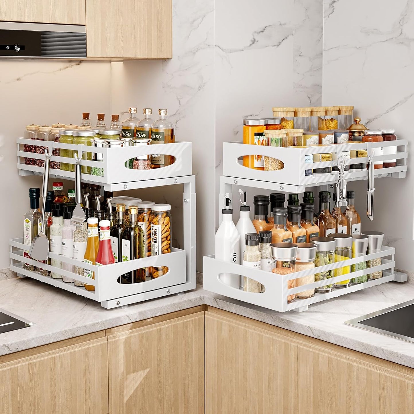 Under Sink Organizer, 2 Tier Under Sink Organizers and Storage, Adjustable Height, Slide out Metal