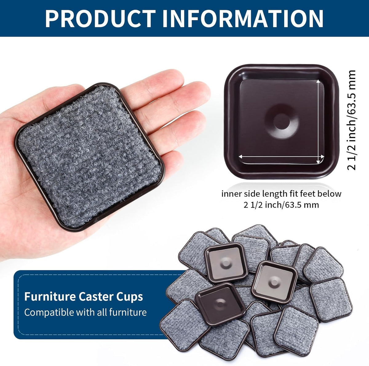 Ezprotekt 2 1/2" Square Reusable Felt Furniture Caster Cups with Carpet Bottom, 16 Pcs Felt