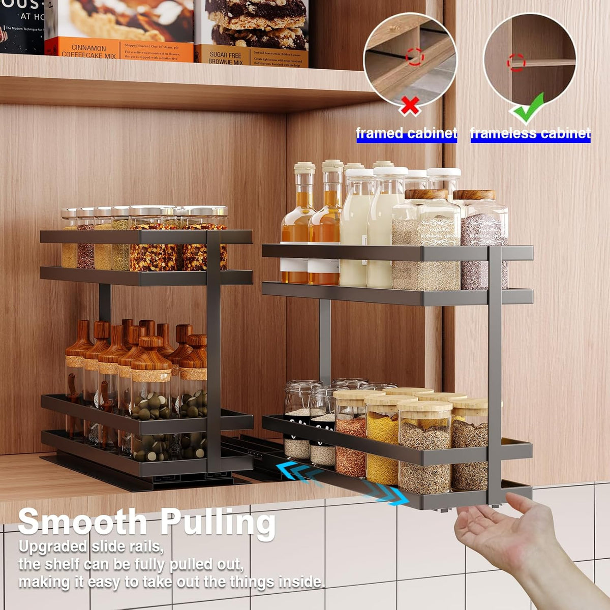 Pull Out Spice Rack Organizer for Cabinet, 2 Tier Metal Slide Out Seasoning Organizer and Storage