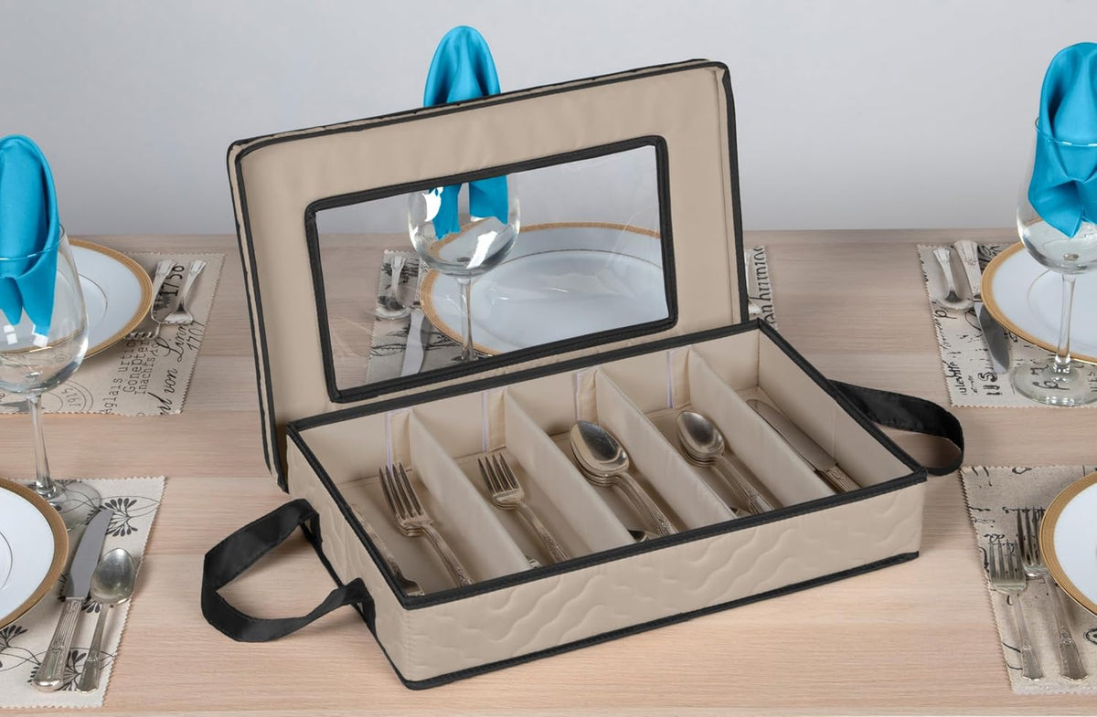 Flatware Storage Case - Durable 5 Compartment Silverware Storage Container Box with Removable Lid