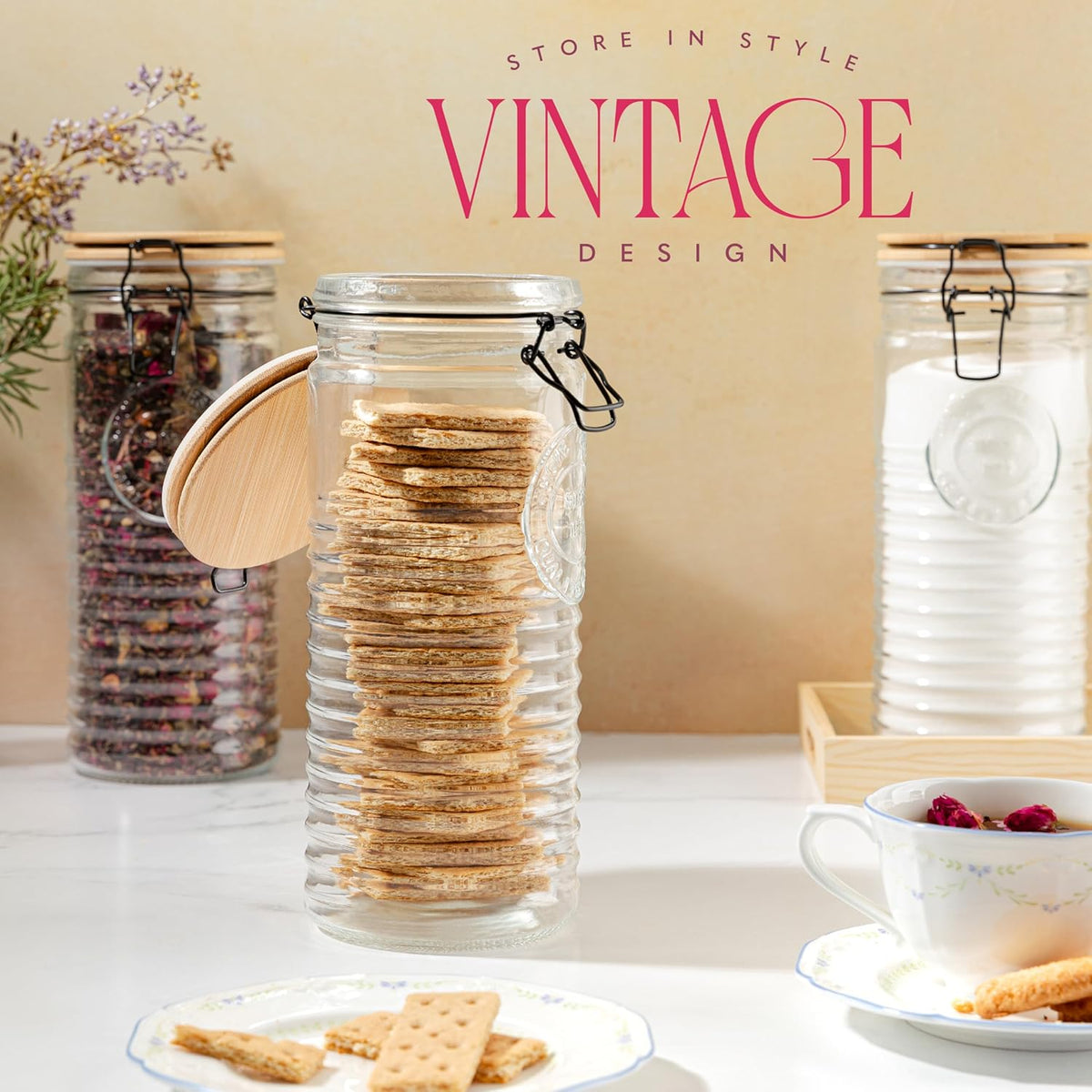 kitchentoolz Glass Storage Canister with Airtight Clasp Lids - Set of 3 Mason Jar Storage