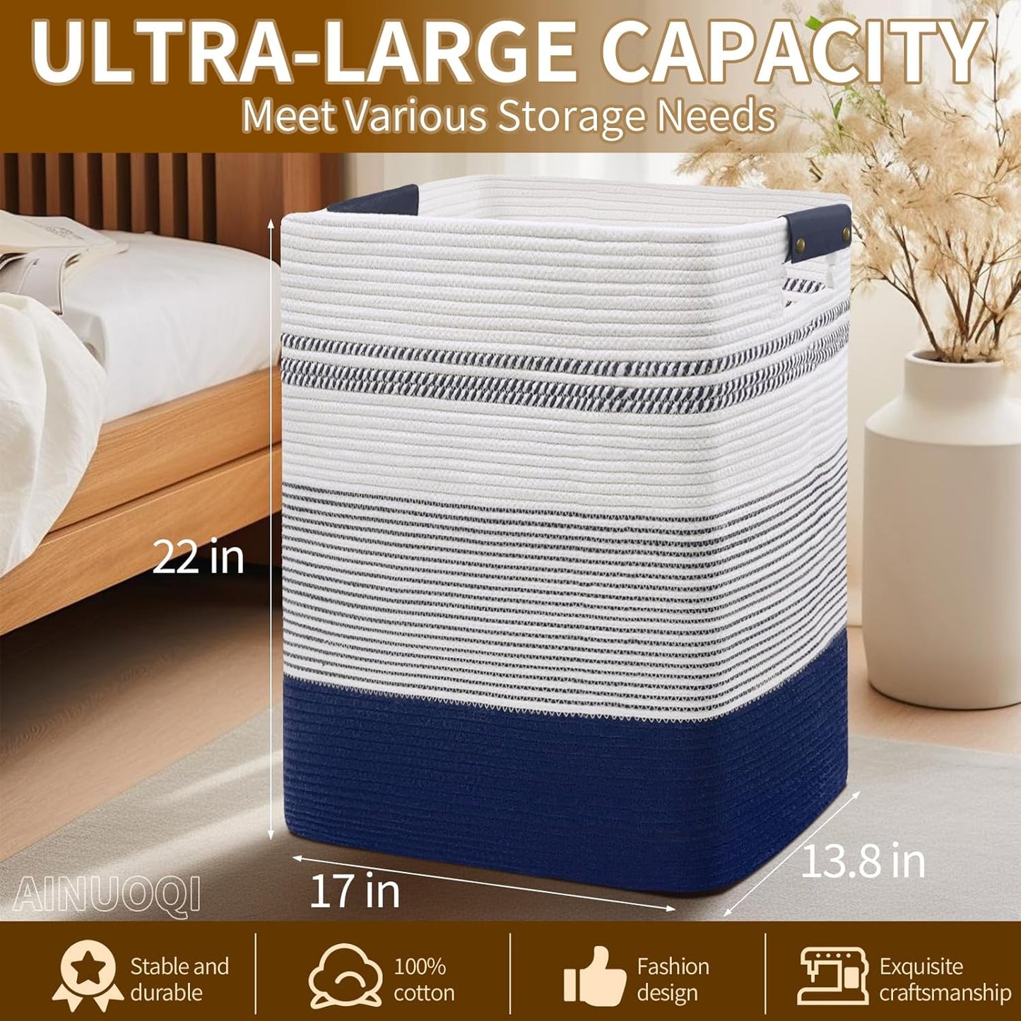 Large Laundry Basket - Tall Woven Rope Laundry Hamper with Leather Handles - Dirty Clothes hamper