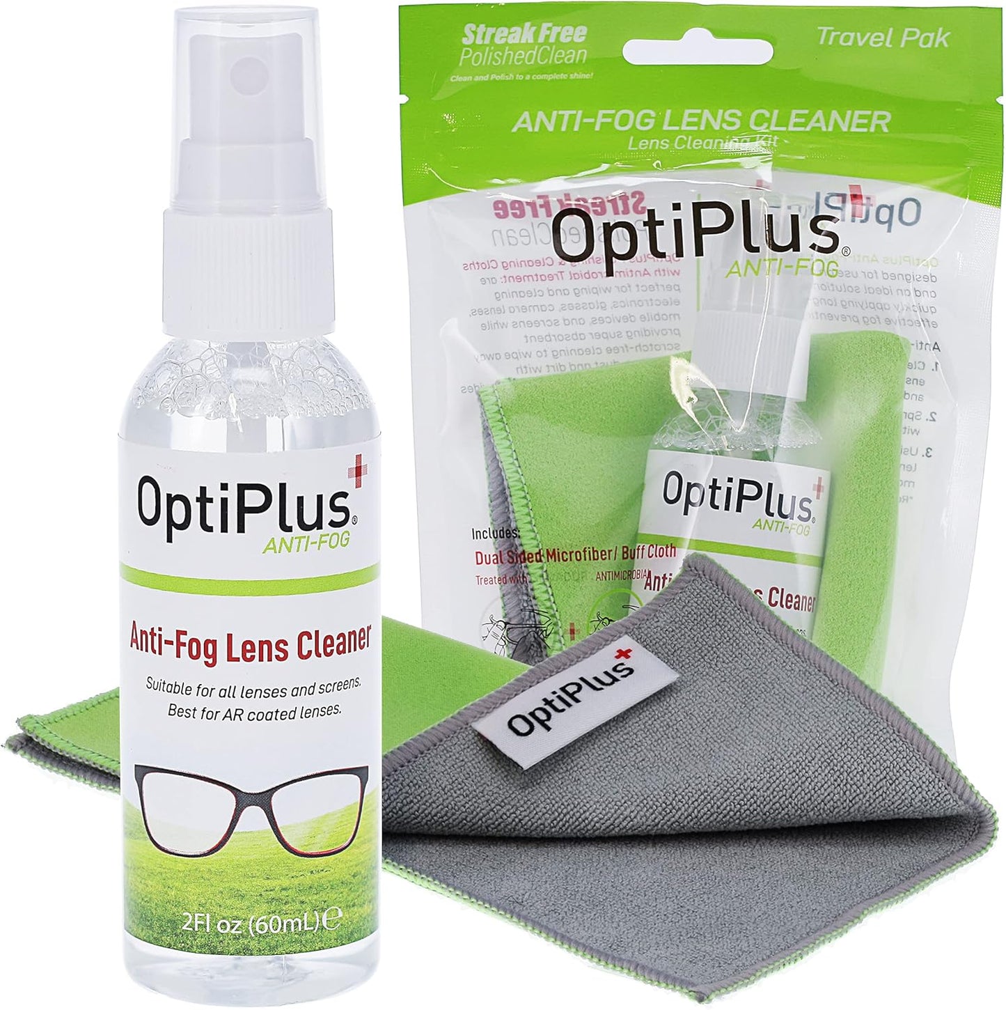 OptiPlus Anti-Fog Lens Cleaning Spray and Dual Microfiber Cloth | Streak-Free Cleaner and Defogging