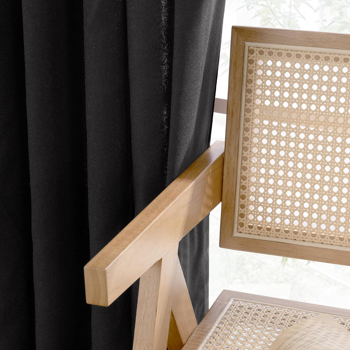 YoungsTex Black Linen Curtains 36 Inch Long for Kitchen 2 Panels, Light Filtering SemI Sheer Drapes