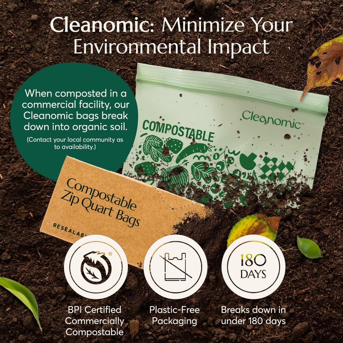 Cleanomic Compostable* Quart Size Food Storage Bags (25 Eco Zip) Freezer and Leak Proof, Also