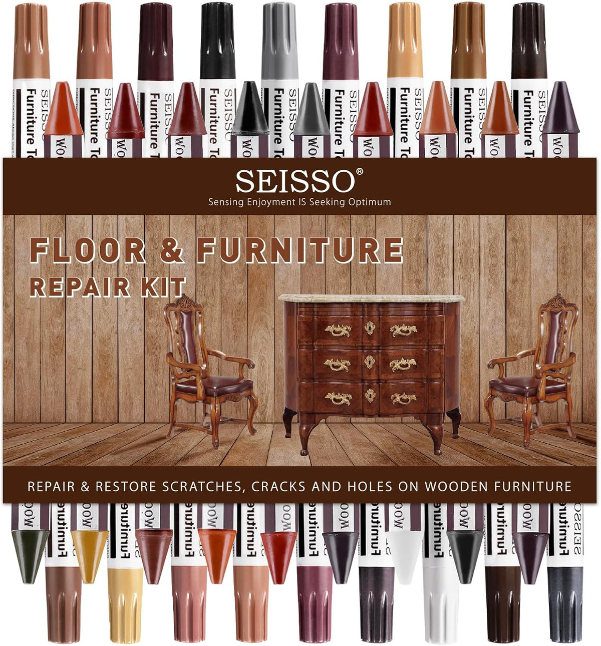 SEISSO 18 Colors Wood Wax Sticks ＆ Wood Markers Furniture Repair Kit - Set of 39 - Wood Floor