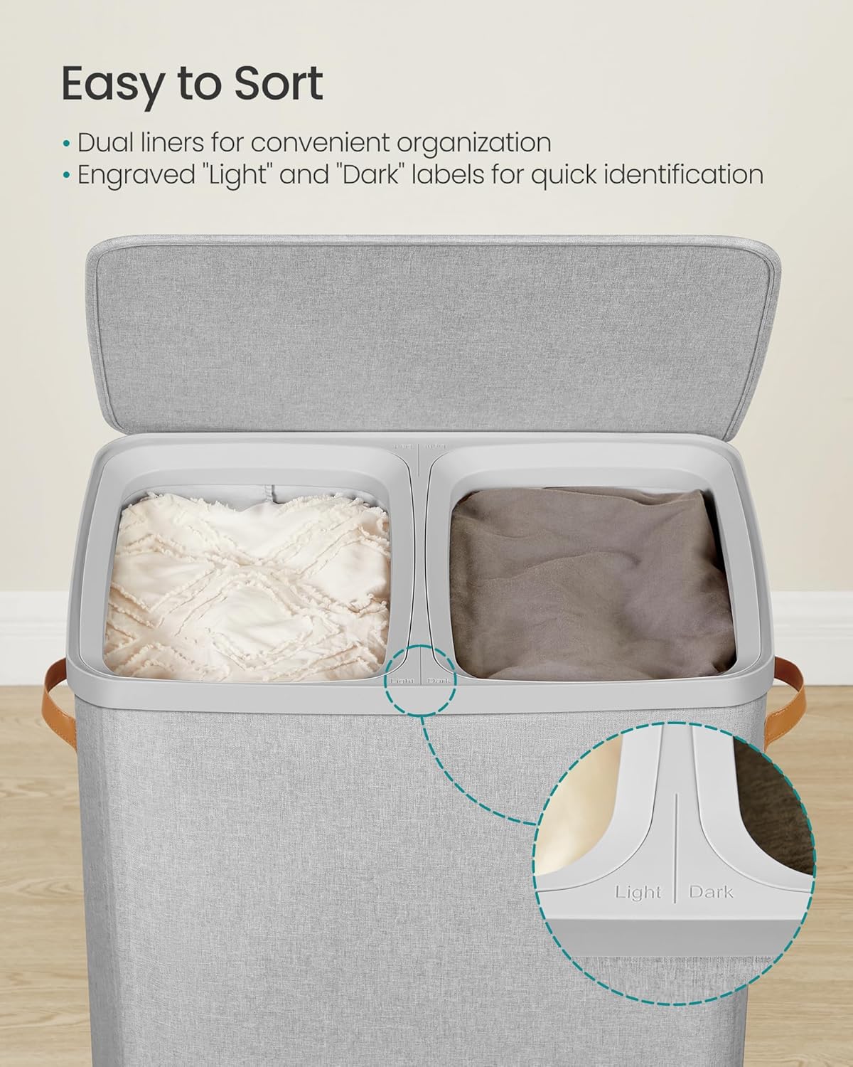 SONGMICS Laundry Basket, 44.9 Gal. Laundry Hamper, 2 Compartments, Easy Assembly, with Lid and