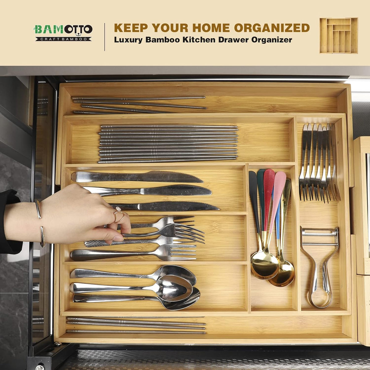 Expandable Bamboo Drawer Organizer – Large 20"x16.9" Size with Adjustable Dividers – for Kitchen