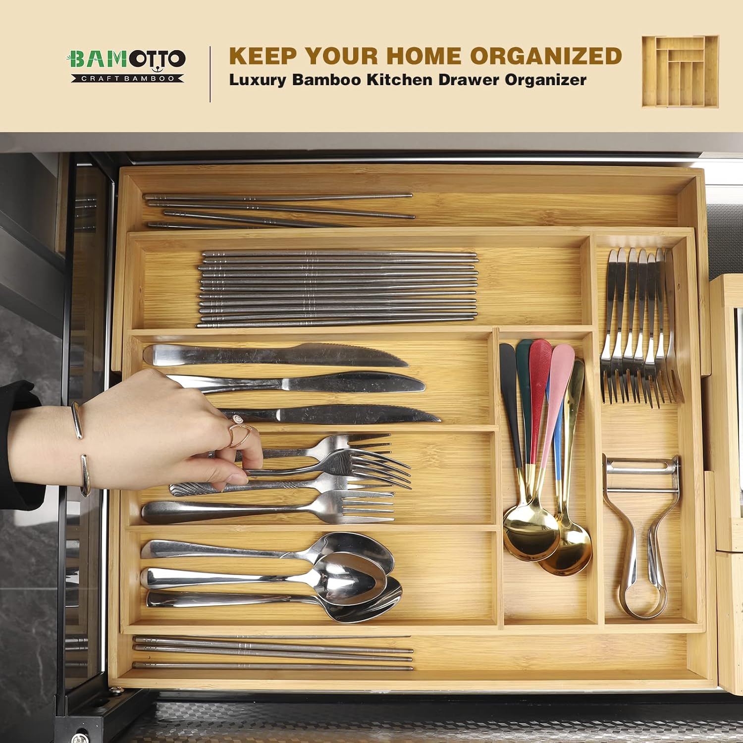 Expandable Bamboo Drawer Organizer – Large 20"x16.9" Size with Adjustable Dividers – for Kitchen