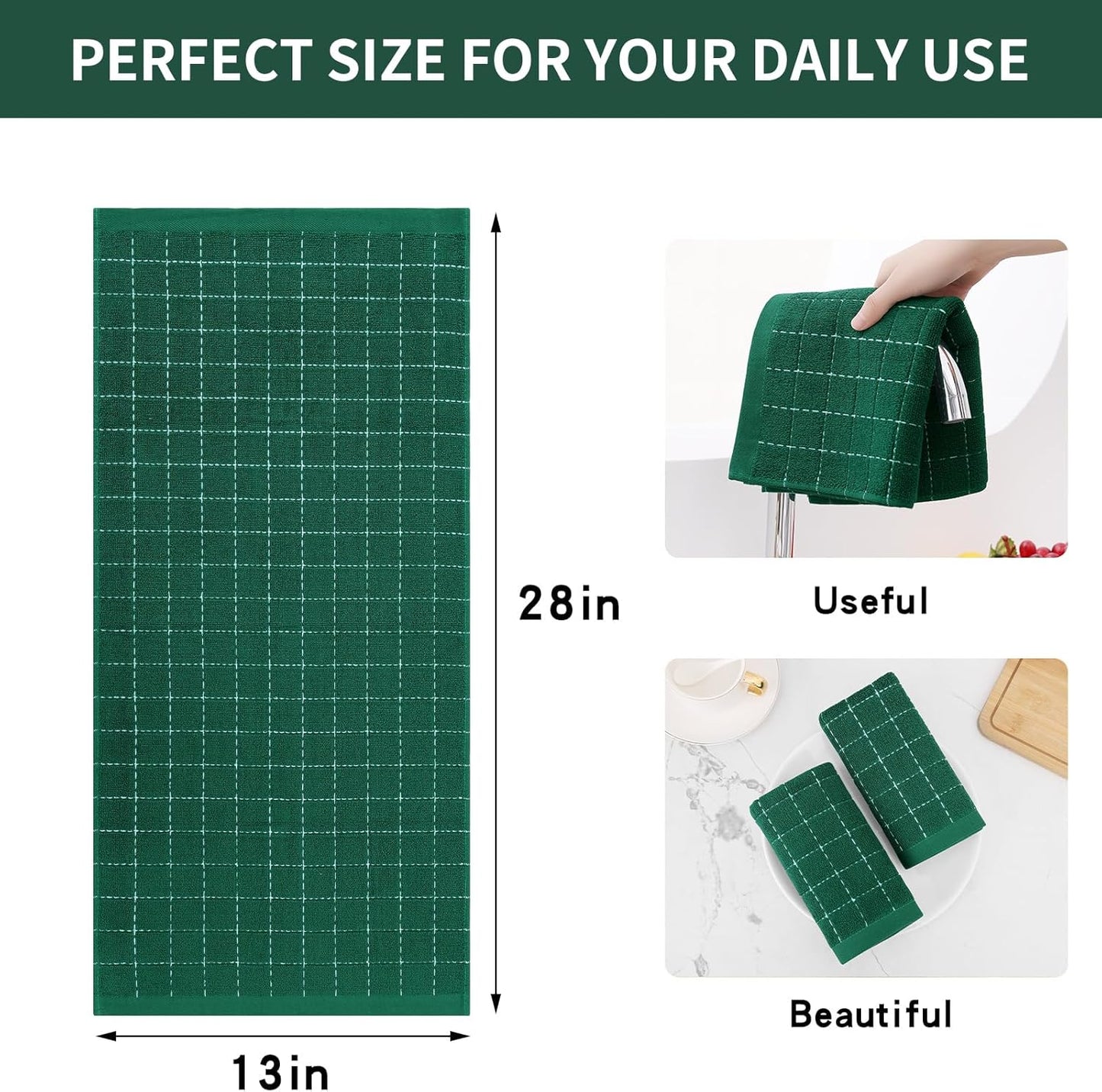 Homaxy 100% Cotton Terry Kitchen Towels(Dark Green, 13 x 28 inches), Checkered Designed, Soft and