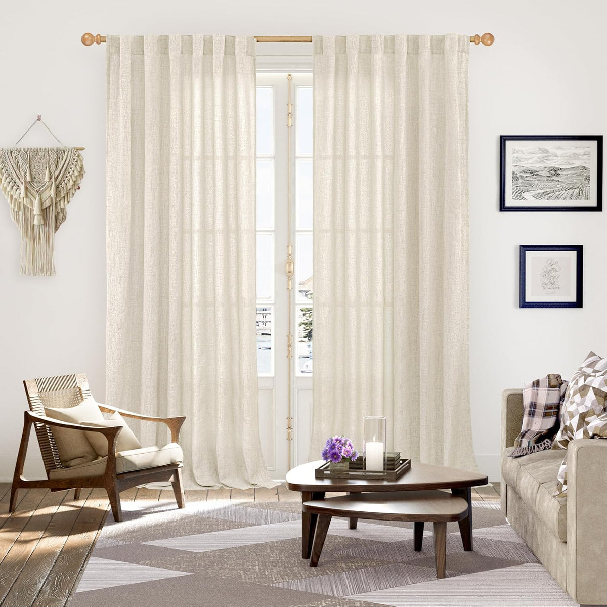 YoungsTex Linen Semi Sheer Curtains 84 Inch Length for Living Room 2 Panels Set - Boho Light