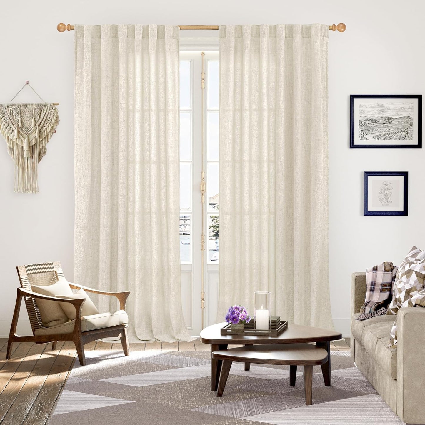 YoungsTex Extre Long Linen Curtains 102 Inch Length for Living Room, Semi Sheer Window Drapes with
