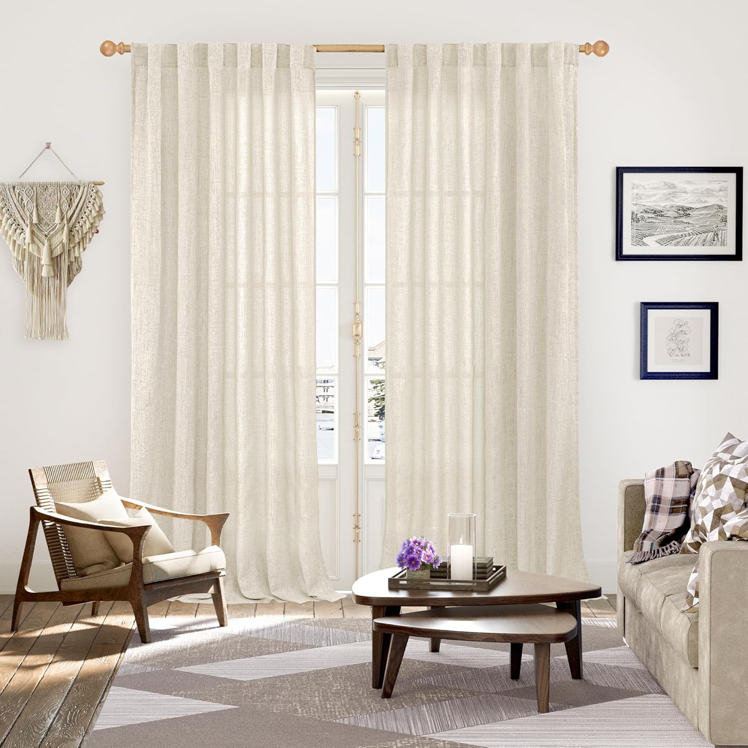YoungsTex Extre Long Linen Curtains 102 Inch Length for Living Room, Semi Sheer Window Drapes with