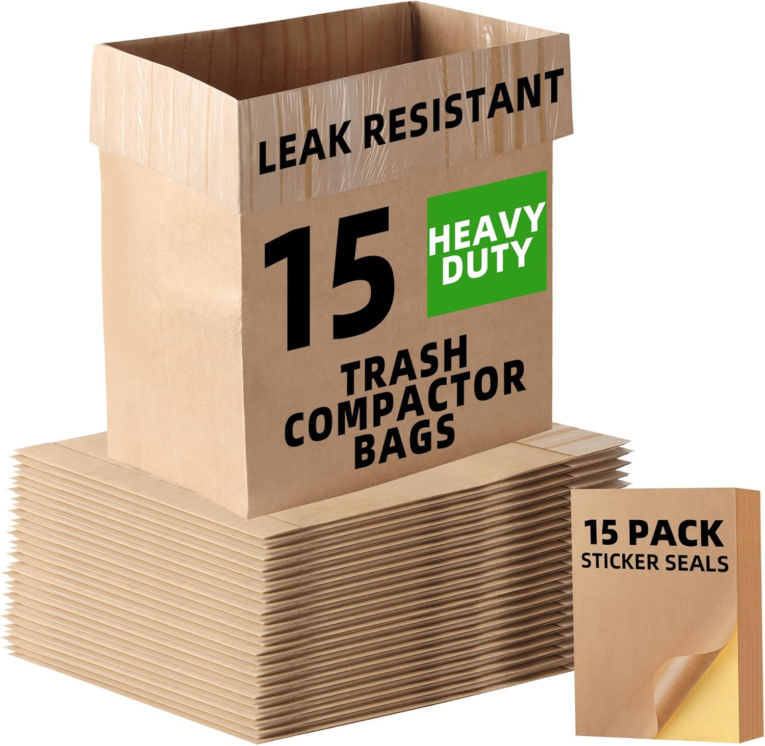 (15-Pack) Calvana Super Strong Compactor Bags, Heavy-Duty Kitchen Paper Trash Bags with Leak Proof