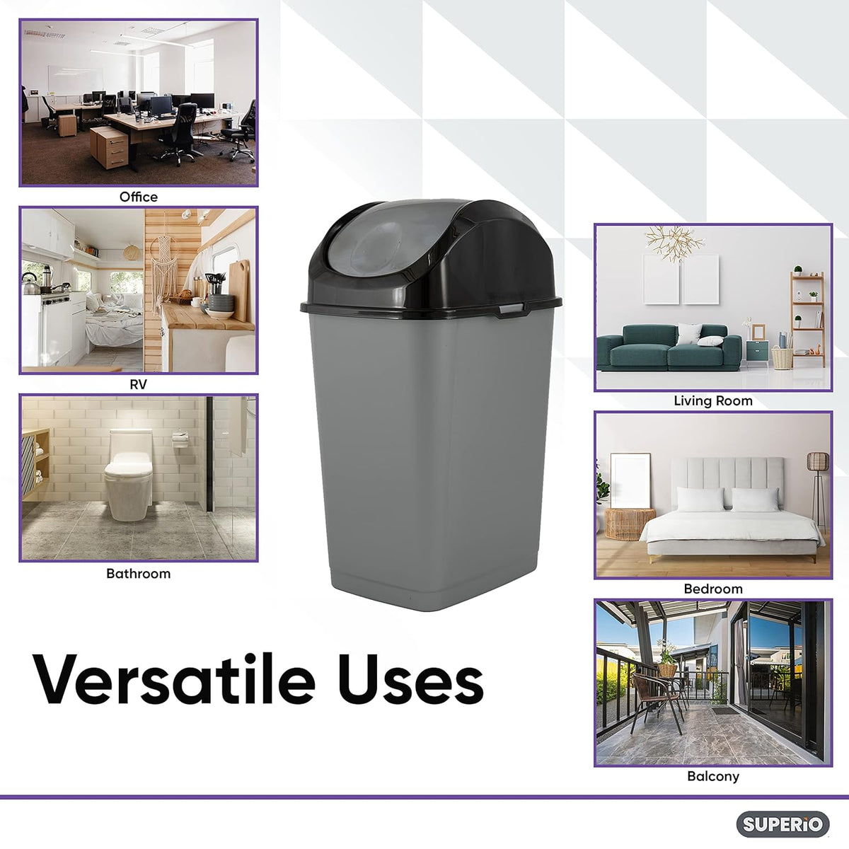 Superio Small 2.5 Gallon Plastic Trash Can with Swing Top Lid, Compact Slim Waste Bin for Under