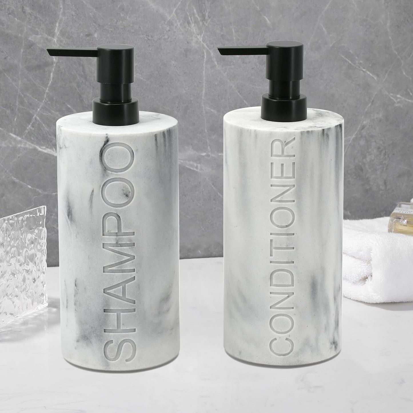 Marble Resin 2 Piece Shampoo and Conditioner Dispenser Set, Luxurious Refillable Pump Bottles with
