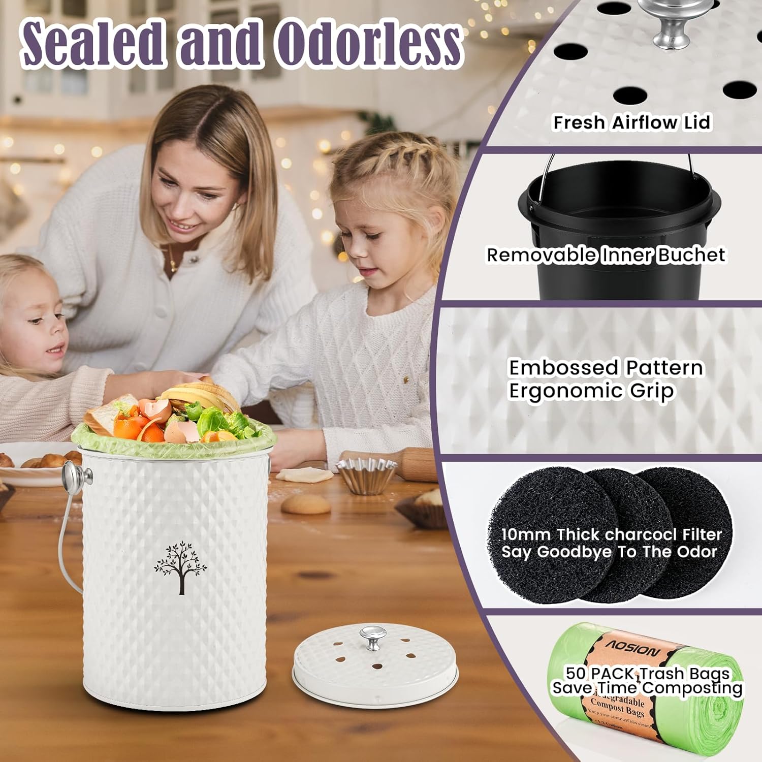 AOSION Countertop Compost Bin Kitchen,Odorless Indoor Compost Bin with Lid and Compost Bags,Compost