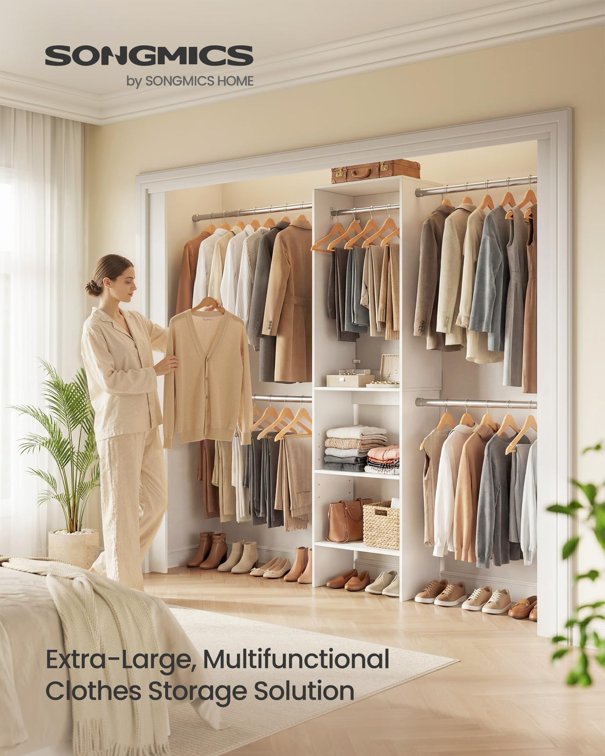 SONGMICS Closet System, Customizable Walk-In Closet Organizer System with Adjustable Hanging Rods